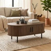 HOMCOM Coffee Table with Sliding Tambour Doors and Storage Center Table with Metal Legs, 39", Brown(m-8)