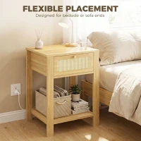 HOMCOM Boho Side Tables Set of 2, End Tables with Drawer and Open Shelf for Living Room, Natural Wood(m-7)