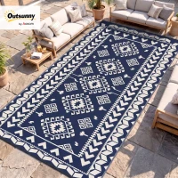 Outsunny Reversible Outdoor Rug, Waterproof Plastic Straw with Carry Bag, 9' x 18', Blue & White Rhombus Patchwork(m-2)