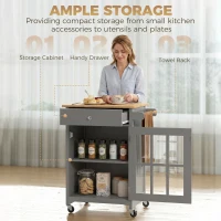 HOMCOM Rolling Kitchen Cart with Drawer and Glass Door Cabinet, Kitchen Island on Wheels with Towel Rack, Dark Grey(m-4)