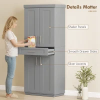 HOMCOM 72" Storage Cabinet, Freestanding Kitchen Pantry Cabinet with 4 Doors, Drawer and 3 Adjustable Shelves, Grey(m-7)