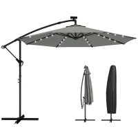 Outsunny 9.7 ft Cantilever Patio Umbrella with Solar Light, Garden Hanging Parasol with Cover, Tilt, Crank, Grey(m-9)