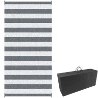 Outsunny Reversible Outdoor Rug, 9' x 18' Waterproof Plastic Straw Floor Mat, Portable RV Camping Carpet, Large Floor Mat for Backyard, Deck, Picnic, Beach, Gray & White Striped(m-1)