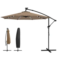 Outsunny 9.7 ft Cantilever Patio Umbrella with Solar Light, Garden Hanging Parasol with Cover, Tilt, Crank, Khaki(m-2)