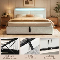 HOMCOM Queen Size Bed Frame with Charging Station, LED Lights, Adjustable Headboard, Upholstered Platform Bed Frame White(m-7)