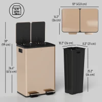 HOMCOM Garbage Bin, Soft-Close Trash Can with Foot Pedal, 2x7.4 Gal (2x28 L) Garbage Can with Removable Inner Buckets, SGold(m-3)