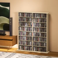 HOMCOM 8-Tier DVD Shelf with 12 Adjustable Shelves, Double CD Shelf, Holds 720 CDs, 396 DVDs or 396 Blu-rays, Natural Wood(m-8)