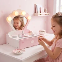 Qaba Kids Vanity Set, Makeup Table Toy with Lights, Mirror, Drawer, Accessories and Carry Handle for Girls 3-6 Years, Pink(m-8)