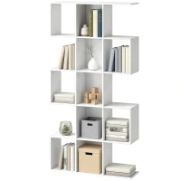 HOMCOM 5-Tier Bookshelf, S Shaped Geometric Bookcase with 15 Compartments, White Wood Grain(m-2)