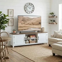 HOMCOM TV Stand for TVs up to 65 Inch, Entertainment Center with 2 Open Shelves, 2 Cabinets, Thick Top, White and Brown(m-1)