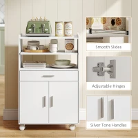 HOMCOM Microwave Cart with Wheels, Microwave Stand with Worktop, Open Shelves and Drawer, Storage Cabinet, White(m-7)