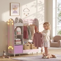 Qaba Kids Clothing Rack, Kids Wardrobe with Glowing Lights Mirror, Non-Woven Drawer and Shelves for Bedroom, Ages 3-8, Pink(m-1)