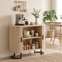 HOMCOM Sideboard Buffet Cabinet with Curved Tambour Doors, Thick Tabletop and Arc Metal Legs Natural Wood(m-1)