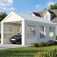 Outsunny 10' x 20' Heavy Duty Carport, Height Adjustable Portable Garage Car Canopy Tent Shelter with Doors, Windows, White(m-8)
