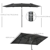 Outsunny Double-Sided Patio Umbrella Parasol with Tilt, Adjustable Height, Vents and 12 Ribs, for Garden, Deck, Grey(m-3)