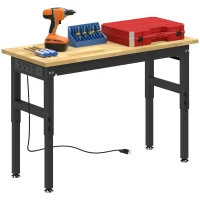 HOMCOM 48" Adjustable Workbench, Heavy Duty Work Table with Rubber Wood Top, Power Outlets, Pegboard, 2000 LBS Capacity(m-9)