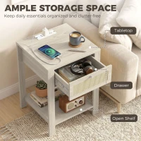 HOMCOM Boho Side Tables Set of 2 with Charging Station, End Tables with Drawer and Open Shelf for Living Room, Natural Wood(m-5)