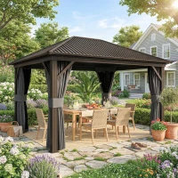 Outsunny 10' x 12' Outdoor Hardtop Gazebo Metal Roof Patio Gazebo with Aluminum Frame, Mesh Nettings, Dark Grey(m-1)