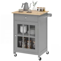 HOMCOM Rolling Kitchen Cart with Drawer and Glass Door Cabinet, Kitchen Island on Wheels with Towel Rack, Dark Grey(m-9)