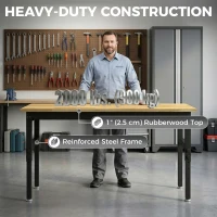 HOMCOM 60" Adjustable Workbench, Heavy Duty Work Table with Rubber Wood Top, Power Outlets, Pegboard, 2000 LBS Capacity(m-4)