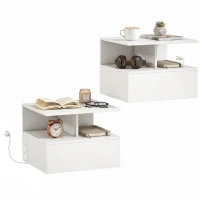 HOMCOM Floating Nightstand Set of 2, Wall Mounted Bedside Table with with Power Outlets, Drawer and Shelf, White(m-13)