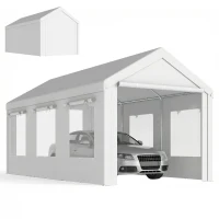 Outsunny 10' x 20' Heavy Duty Carport, Height Adjustable Portable Garage Car Canopy Tent Shelter with Doors, Windows, White(m-9)