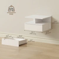 HOMCOM Floating Nightstand Set of 2, Wall Mounted Bedside Table with with Power Outlets, Drawer and Shelf, White(m-3)