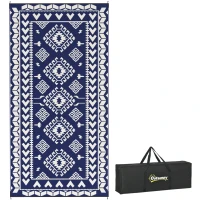 Outsunny Reversible Outdoor Rug, Waterproof Plastic Straw with Carry Bag, 9' x 18', Blue & White Rhombus Patchwork(m-11)