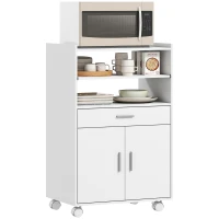 HOMCOM Microwave Cart with Wheels, Microwave Stand with Worktop, Open Shelves and Drawer, Storage Cabinet, White(m-9)
