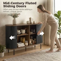 HOMCOM Fluted Sideboard Buffet Cabinet, 55" Mid Century Coffee Bar Cabinet with Sliding Doors and Adjustable Shelves, Black(m-4)