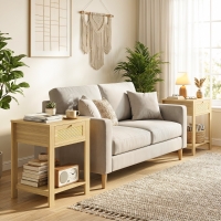 HOMCOM Boho Side Tables Set of 2, End Tables with Drawer and Open Shelf for Living Room, Natural Wood