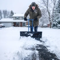 Outsunny Snow Shovel with Wheels, 29" Metal Snow Pusher with Adjustable Handle, 7-Angle Blade, Wear Strip for Driveway, Blue(m-8)