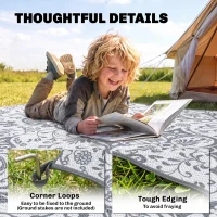 Outsunny Portable Outdoor Rug with Carry Bag, 9' x 12' Reversible Mat, Waterproof Plastic Straw RV Rug for Backyard, Deck, Picnic, Beach, Camping, Gray & White Flower(m-6)