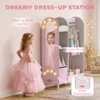 Qaba Kids Clothing Rack, Kids Wardrobe with Glowing Lights Mirror, Non-Woven Drawer and Shelves for Bedroom, Ages 3-8, Pink(m-5)
