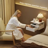 HOMCOM Floating Nightstand Set of 2, Wall Mounted Bedside Table with with Power Outlets, Drawer and Shelf, White(m-7)