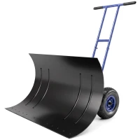 Outsunny Snow Shovel with Wheels, 29" Metal Snow Pusher with Adjustable Handle, 7-Angle Blade, Wear Strip for Driveway, Blue(m-1)