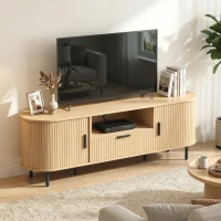 HOMCOM TV Stand for TVs up to 60", Modern Entertainment Center with Curved Sliding Doors and Storage, Natural Wood(m-8)