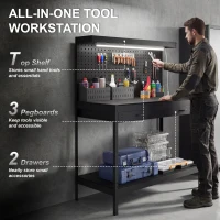 HOMCOM Workbench with LED Light and Power Strip, 43" Heavy Duty Work Table with Pegboard and Drawers for Garage Workshop, Black(m-4)