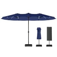 Outsunny Double-sided Patio Umbrella with Base Included & 48 LED Lights 15ft Dark Blue(m-2)