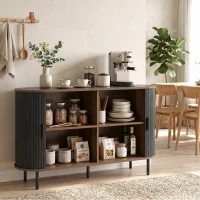 HOMCOM Fluted Sideboard Buffet Cabinet, 55" Mid Century Coffee Bar Cabinet with Sliding Doors and Adjustable Shelves, Black(m-1)