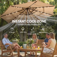 Outsunny 9.3 ft Patio Umbrella with Solar LED Lights, Cover, 3 Tier Outdoor Market Table Parasol with Tilt, Crank, Khaki(m-7)