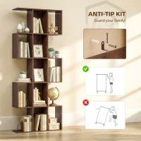 HOMCOM 5-Tier Bookshelf, S Shaped Geometric Bookcase with 15 Compartments, Brown Wood Grain(m-7)