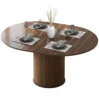 HOMCOM Extendable Kitchen Table for 6-8, 43.5"-59" Farmhouse Dining Table with Pedestal Base Walnut Wood Grain(m-2)