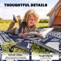 Outsunny Reversible Outdoor Rug, Waterproof Plastic Straw with Carry Bag, 9' x 18', Blue & White Rhombus Patchwork(m-6)