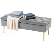 HOMCOM Upholstered Bedroom Bench with Gold Tone Metal Legs, Velvet Tufted and Thick Padding, Grey(m-2)