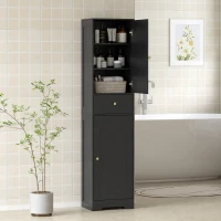 HOMCOM 67" Tall Bathroom Cabinet, Slim Bathroom Storage Cabinet with 2 Doors, Drawer and Adjustable Shelf, Black Wood Grain(m-1)