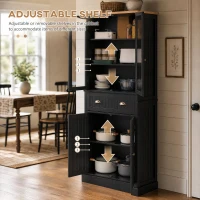 HOMCOM 72" Freestanding Kitchen Pantry Cabinet, Tall Storage Cabinet with Glass Doors, Drawer and Adjustable Shelves for Dining Room, Black(m-5)