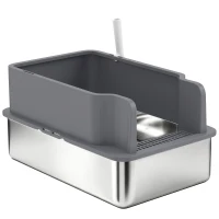 PawHut Stainless Steel Sifting Litter Box for Pine Pellet, High Sided, Anti-Leakage, Less Tracking, Includes Scoop & 10 Pads(m-2)