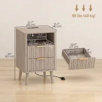 HOMCOM Nightstands Set of 2, Modern Bedside Tables with Charging Station, 2 Drawers and Open Shelf, Grey(m-3)