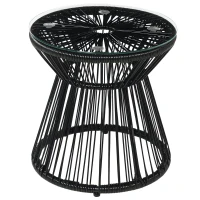 Outsunny Round End Table, Rattan Side Table, Hollow Drum Design Coffee Table w/ Glass Tabletop for Patio, Garden, Balcony, Black(m-9)
